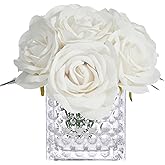 Fule Artificial Silk Rose Flower Centerpiece Arrangement in Glass Vase with LED Light for Home Wedding Decoration (Ivory)