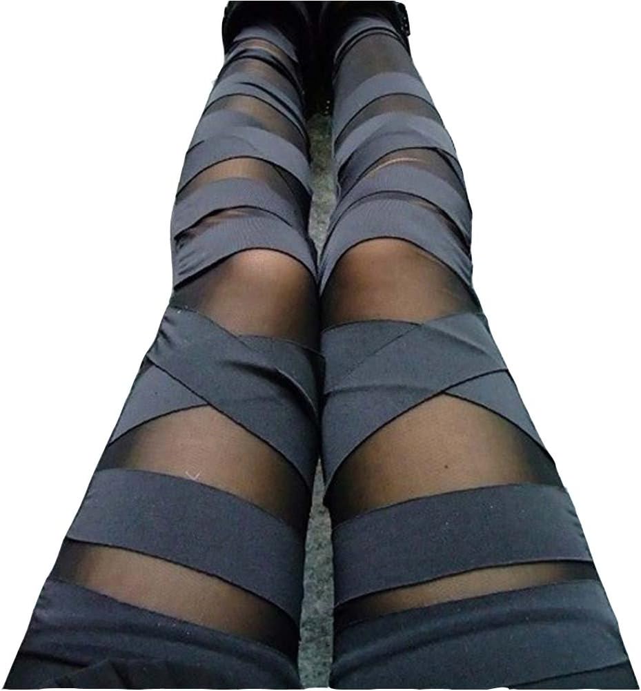 Dikoaina Women Girls Sexy Solid Color Bandage Mesh Leggings, Black, One Size