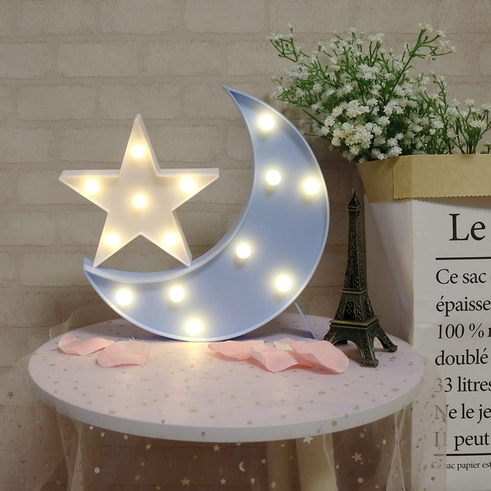 GUOCHENG Lovely Moon&Star Night Light Set Battery Operated LED Star Marquee Sign Decorative Moon Table Lamps for Baby Children Bedroom Nursery Christmas Birthday Gifts(Blue Moon&White Star)