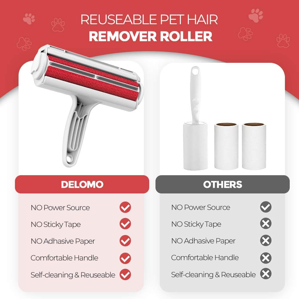 DELOMO Pet Hair Remover Roller - Dog & Cat Fur Remover with Self-Cleaning Base - Efficient Animal Hair Removal Tool - Perfect for Furniture, Couch, Carpet, Car Seat, Red