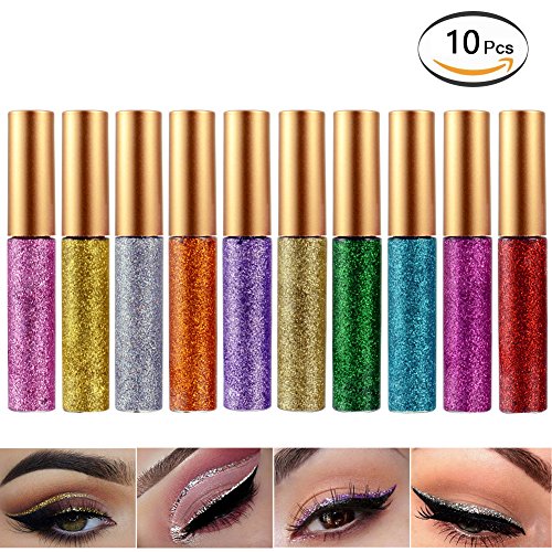 Glitter Eyeliner Liquid Eyeshadow 10 Colors Highlighter Brighten Concealer Face Eye Cosmetic Glow Shimmer Makeup Glitter Brighten Pigments Makeup Cover Perfection Tip Concealer for women (10 Pcs)