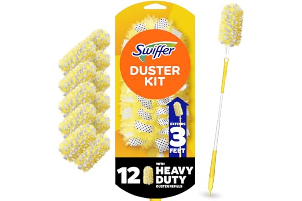 Swiffer Duster Kit with 3 ft Extendable Handle, Heavy Duty Dusting Starter Kit with 12 Refills, for Ceiling Fans, Vents and H
