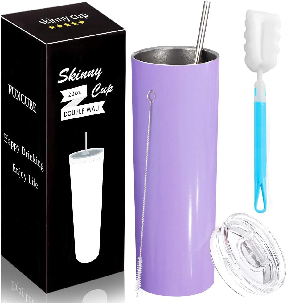 FUNCUBE 20 oz Stainless Steel Water Bottle Spill Proof Double Vacuum Insulated Straight Cup with Lids Straw Sponge Brush Stemless Travel Tumblers Outdoor Straight Tumbler (Blue)