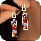 Coiris Clip on Dangle Earrings for women Colorful Rectangle Geometric Resin Dangle Boho Hypoallergenic Nonpierced Earrings for Sensitive Non-Pierced Ears