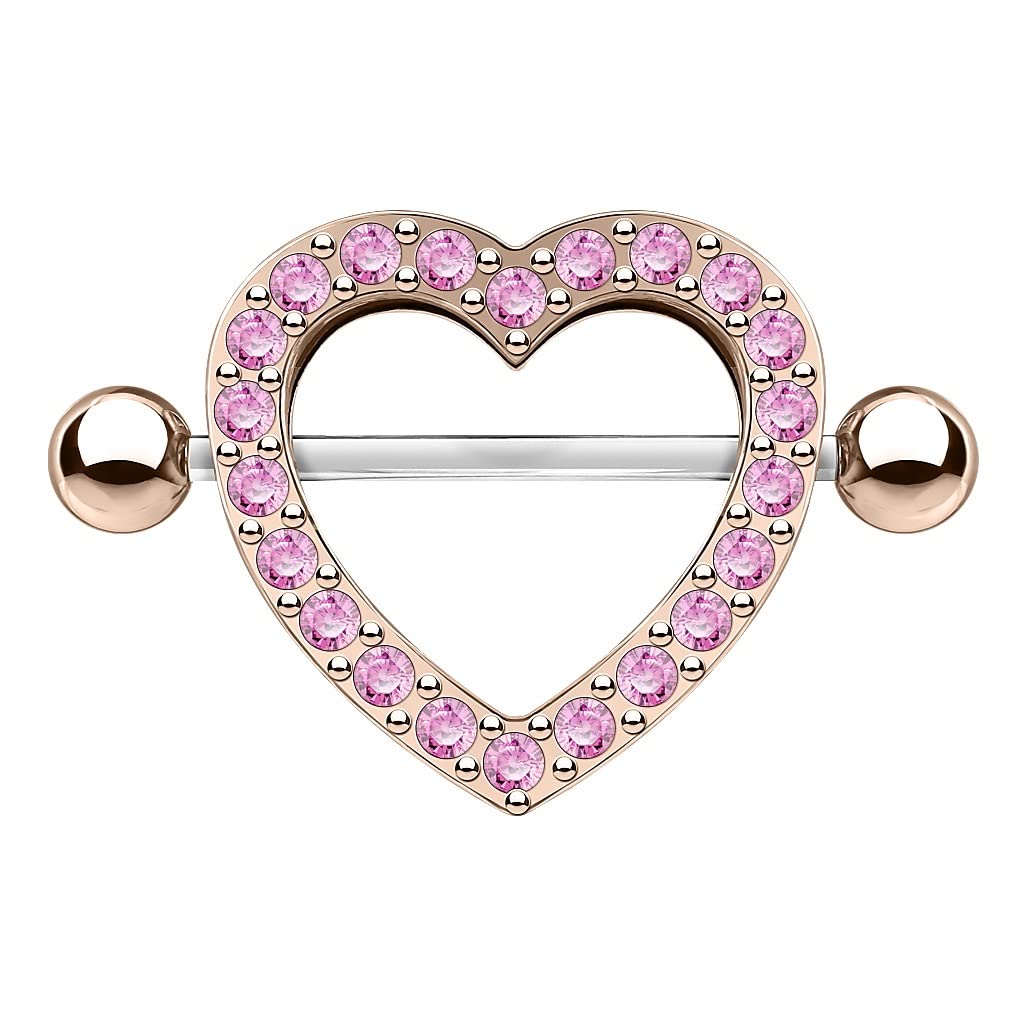 PiercedOff Rose Gold Tone IP over 316L Surgical Steel Nipple Shield with Pink CZ Gem Paved Heart - Thickness 14GA (1.6mm) / Length 22mm / Ball Size 5mm