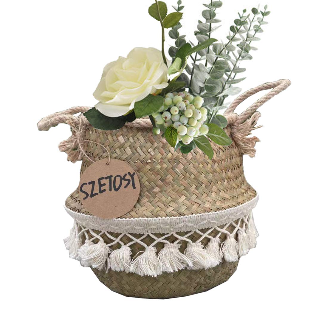 Natural Seagrass Storage Basket - GOODCHANCEUK Seagrass Belly Basket With PomPom Foldable Woven Basket With Rope Handle for Laundry, Toys or Plants,Nursery Style#1 27x24cm