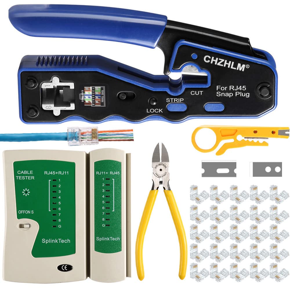 CHZHLM Rj45 Crimp Tool Kit Pass Through Crimping Tool Crimper Cutter for Cat6 Cat5 Cat5e with 50PCS Connectors Mini Wire Stripper Cable Tester and Plier — image 1