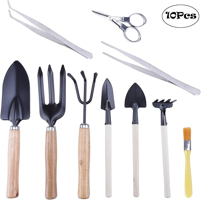 Amatt Bonsai-Werkzeug-Set, 10-teilig, für Starter, Schere, Bürste