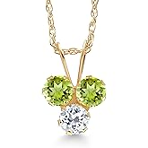 Gem Stone King 14K Yellow Gold Green Peridot and White Topaz 3-Stone Pendant Necklace For Women (0.38 Cttw, Gemstone August Birthstone, Round 3MM, 18 Inch Chain)