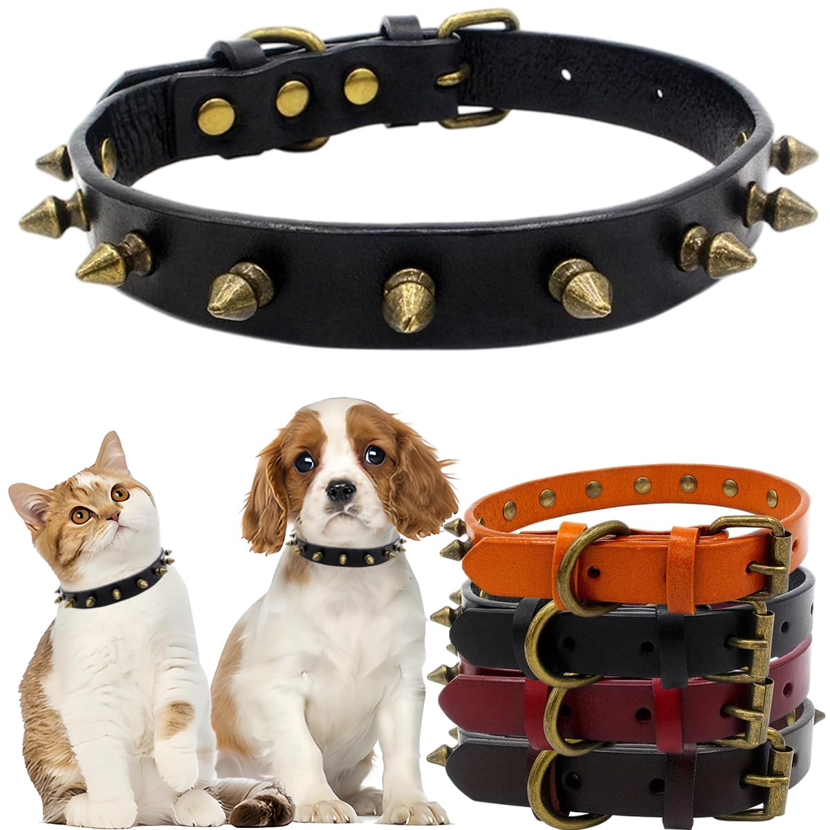 Spiked Dog Collars, Neck Strap Leather Puppy Cute Collar Punk Rivet Studded Durable with Buckle Adjustable for Small Medium Large Dogs black XS