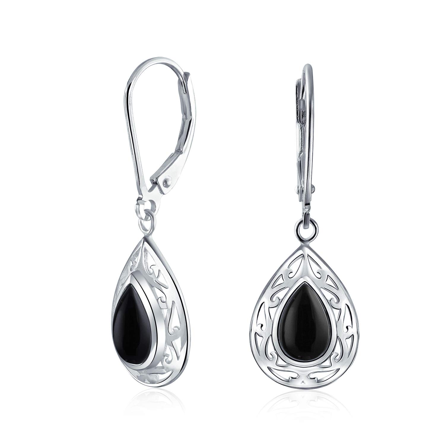 Western Style Black Onyx Pear Shaped Lever Back Scroll Filigree Teardrop Drop Dangle Earrings For Women .925 Sterling Silver