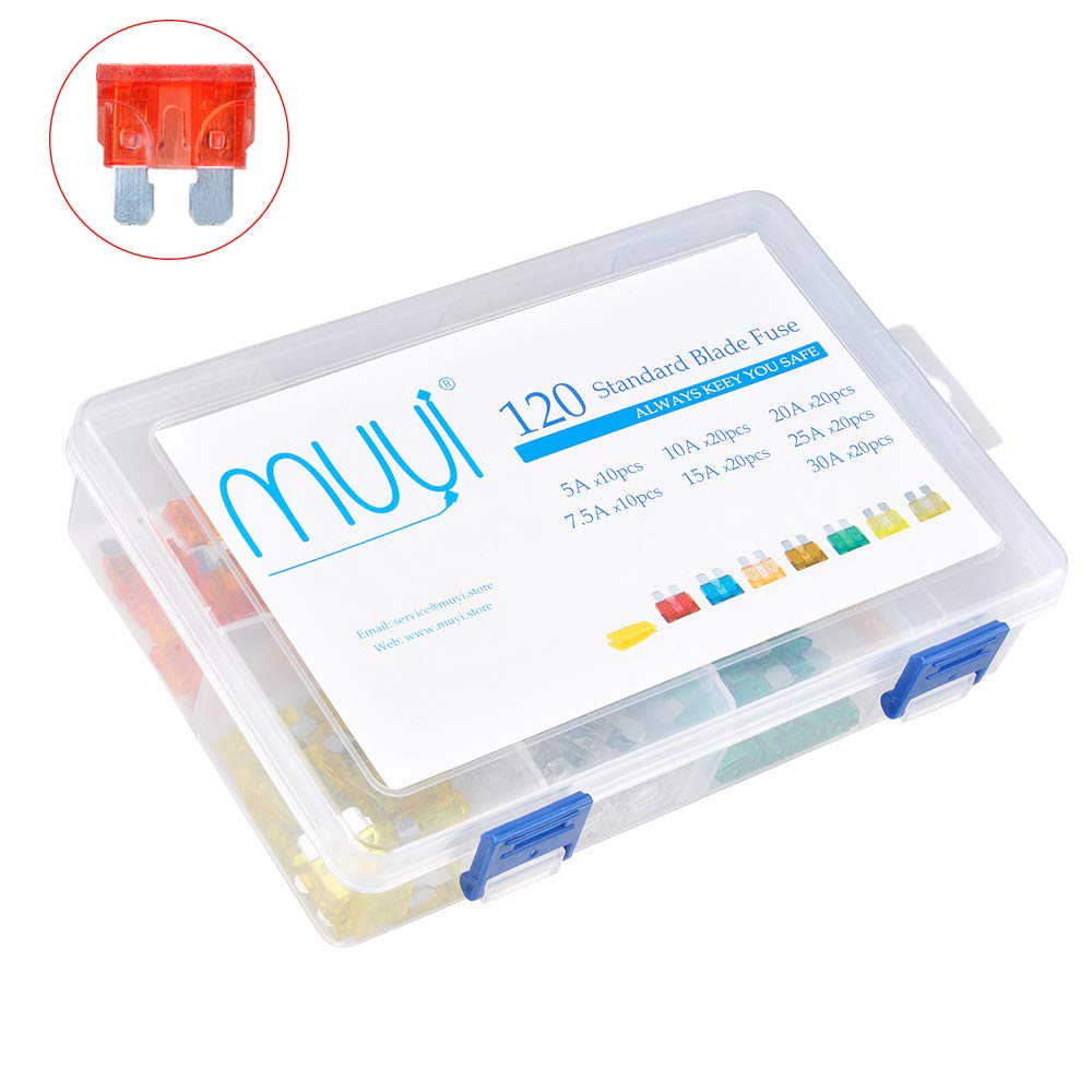 MUYI 120 pcs Assorted Standard Regular Blade Fuse Kit 5, 7.5, 10, 15, 20, 25, 30 Amp ATC Fuse Replacement for Car Truck Boat golf cart