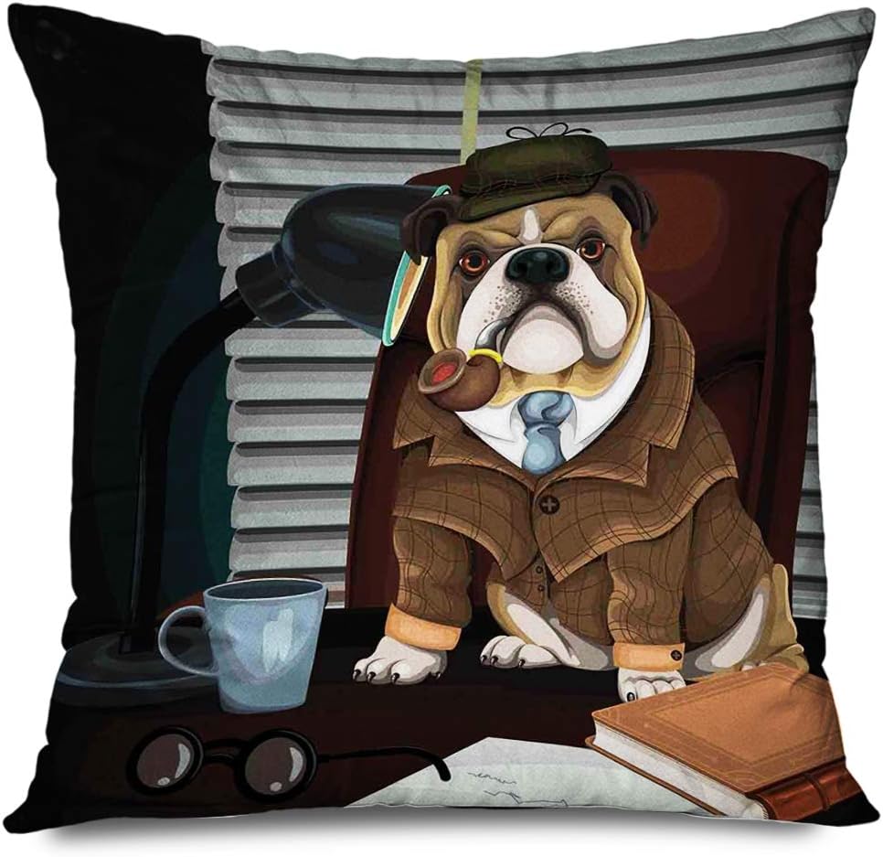 Onete English Bulldog Throw Pillow Cover Square 16x16 Inches English Bulldog Traditional English Detective Dog with a Pipe Hat Sherlock Holmes Pale Brown Pillowcase Home Decor Cushion Case