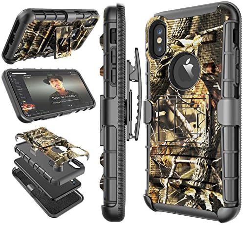 Tekcoo iPhone X Case, Tekcoo iPhone X Holster Clip, [Hoplite] Shock Absorbing Swivel Locking Belt [Camo Leaf] Defender Heavy Full Body Kickstand Secure Carrying Tank Armor Camouflage Cases Cover