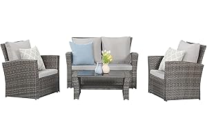 Wisteria Lane 4 Piece Patio Furniture Set, Wicker Outdoor Patio Conversation Furniture Set, All Weather Outdoor Patio sofa with Cushion and Glass Table, Grey