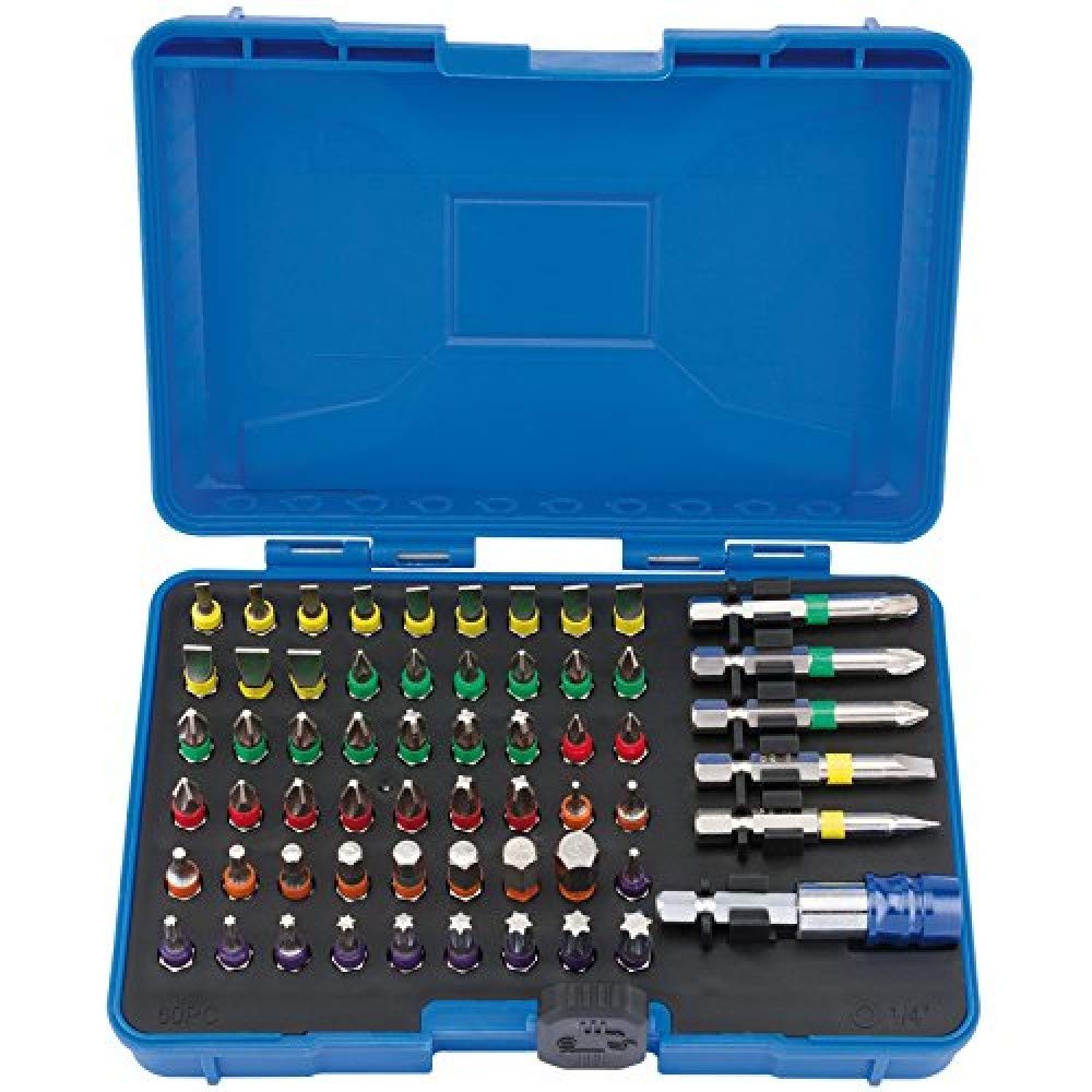 Draper 60 Piece Coloured Screwdriver Bit Tool Set with Magnetic Holder - 82405 - Flat, Cross, PZ Type, TX-Star & Hex Bits