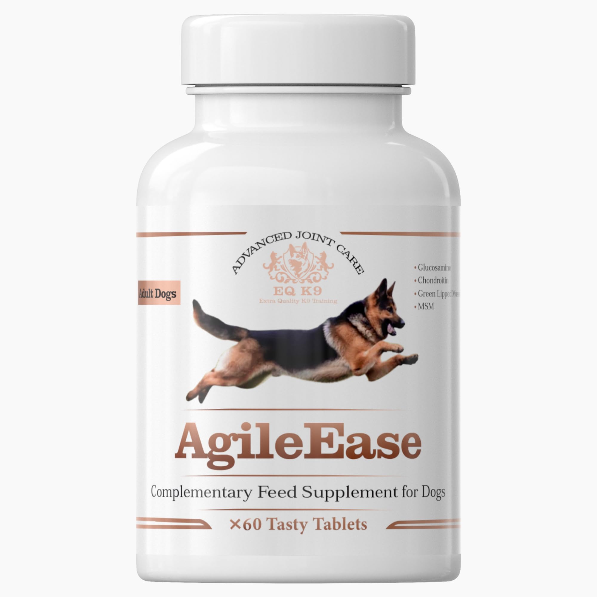 EQ K9 AgileEase Hip & Joint Supplements for Dogs (Senior & Adult), Advanced Joint Care with Glucosamine, MSM, Chondroitin & Green Lipped Mussel, Hyaluronic Acid Dog Joint Supplements,60Tablets