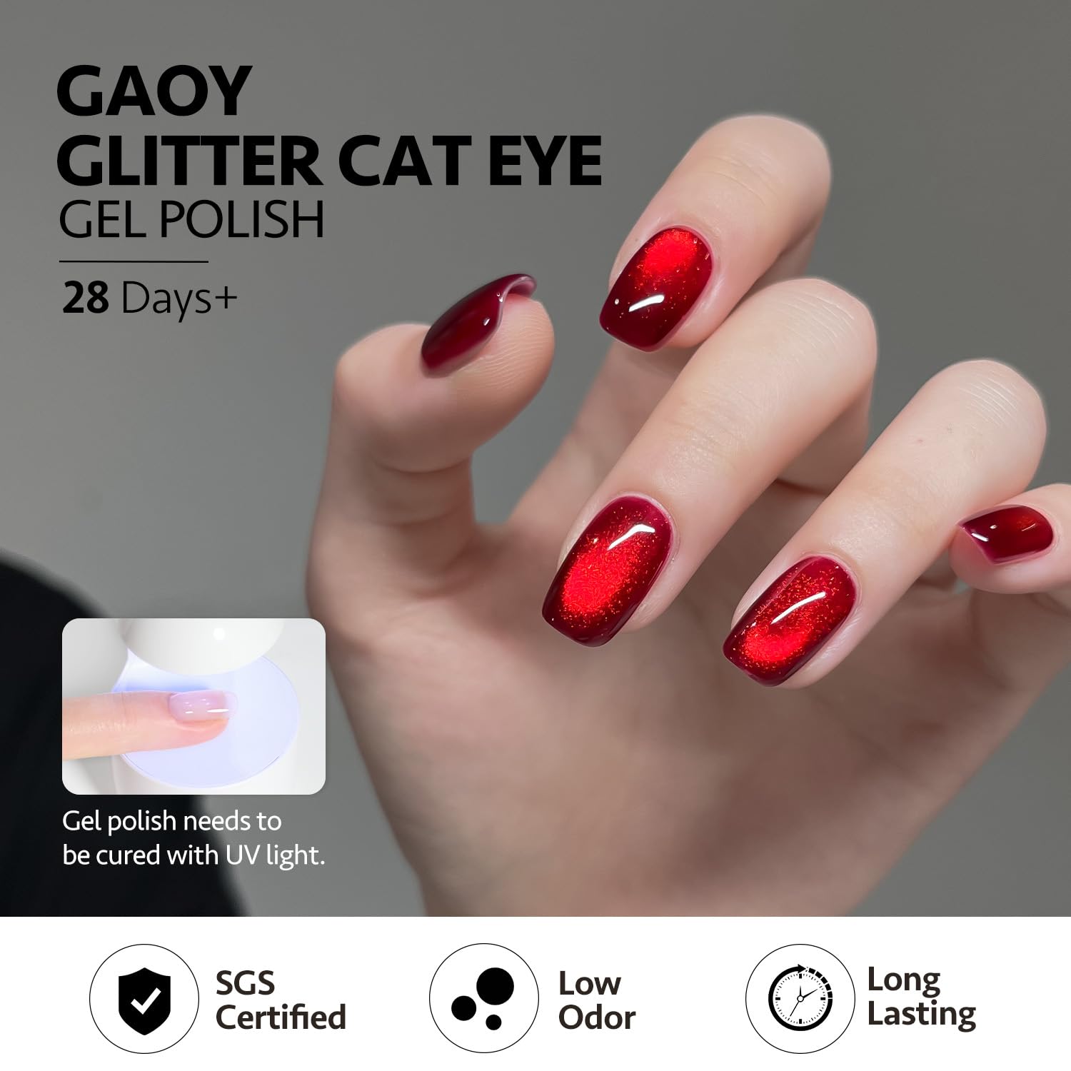 GAOY Red Cat Eye Gel Nail Polish, 16ml Glitter Holographic Nail Polish with Magnet, Reflective Translucent UV Gel, 2907 Ruby Twilight - Image 5