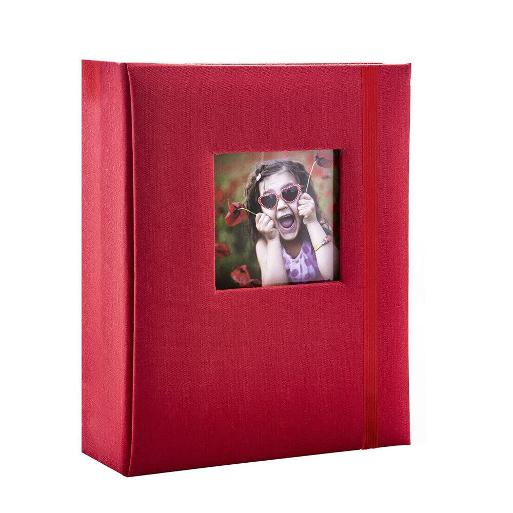 Kenro Red Linen Minimax Photo Album for 100 Photos 6x4 Inch / 10x15cm with Space for Photograph on Front Cover, Slip-In Pages, Modern Design Great for Family Photographs, Aztec Series - AZ104RD
