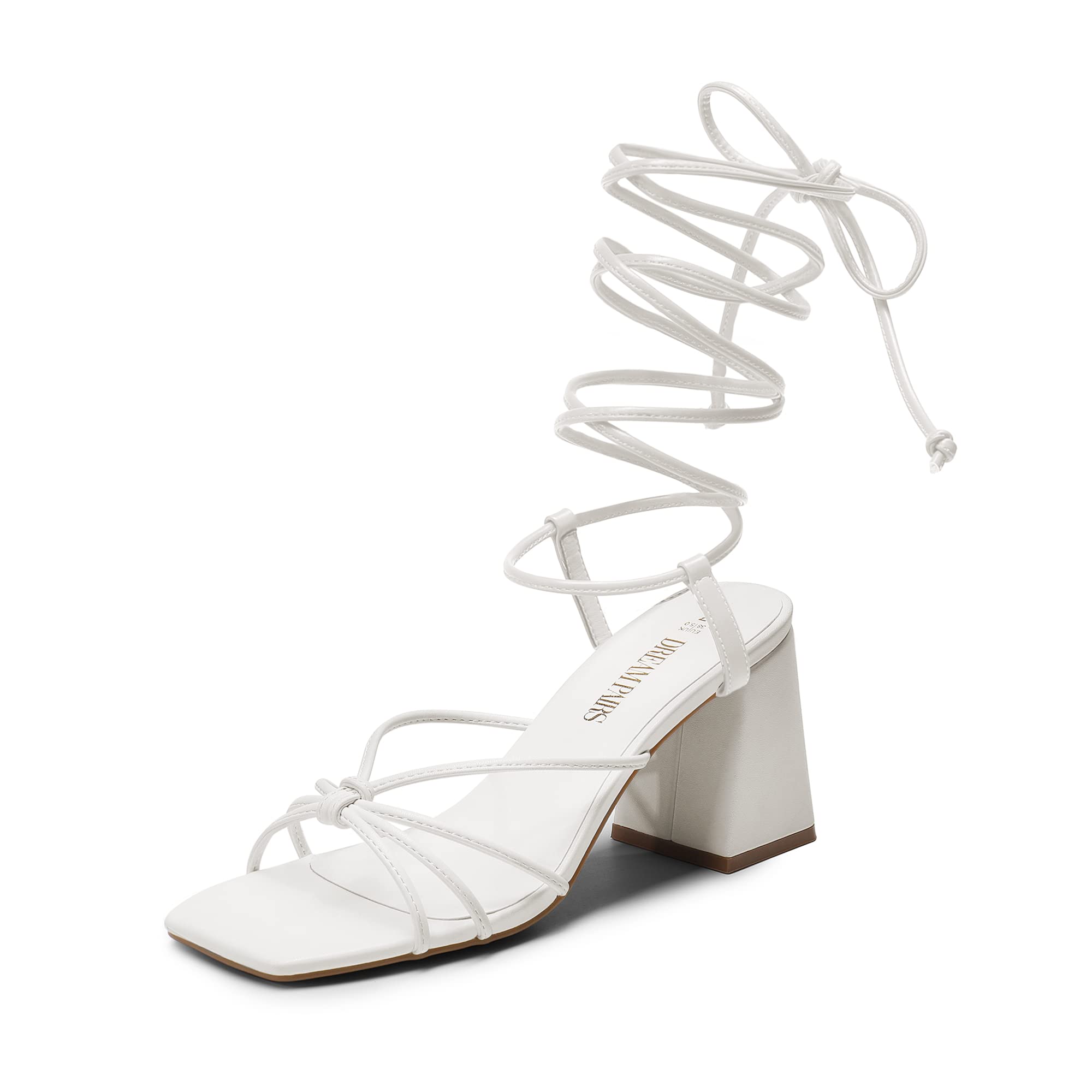 Photo 1 of DREAM PAIRS Women's Lace Up Heels Strappy Block High Heel Square Open Toe Chunky Sandals for Party Travel Date WHITE Size 7.5 SDHS2380W