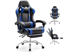 DUMOS Ergonomic Gaming Office Desk Chair with Linkage Armrests for Adults, Height Adjustable Computer Chair with Footrest and Headrest, PU Leather 360° Swivel Recliner with Lumbar Support, Deep Blue