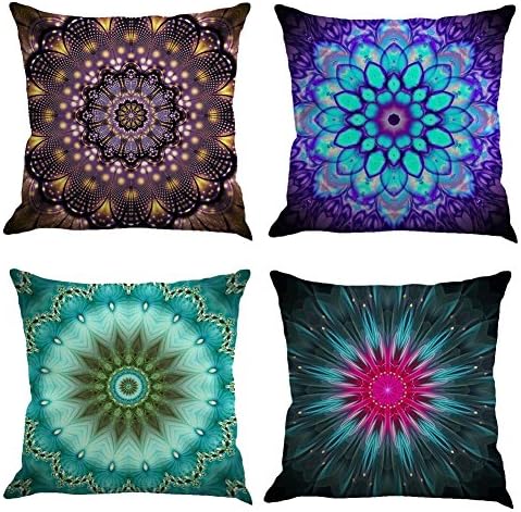 Qinqingo Bohemian Pillow Covers Floral Mandala Cushion Cover Pillow Case Set of 4 Cotton Linen Ethnic Decor Throw Pillow Cover For Sofa Car Decorative 18" x 18" (M-BM01)