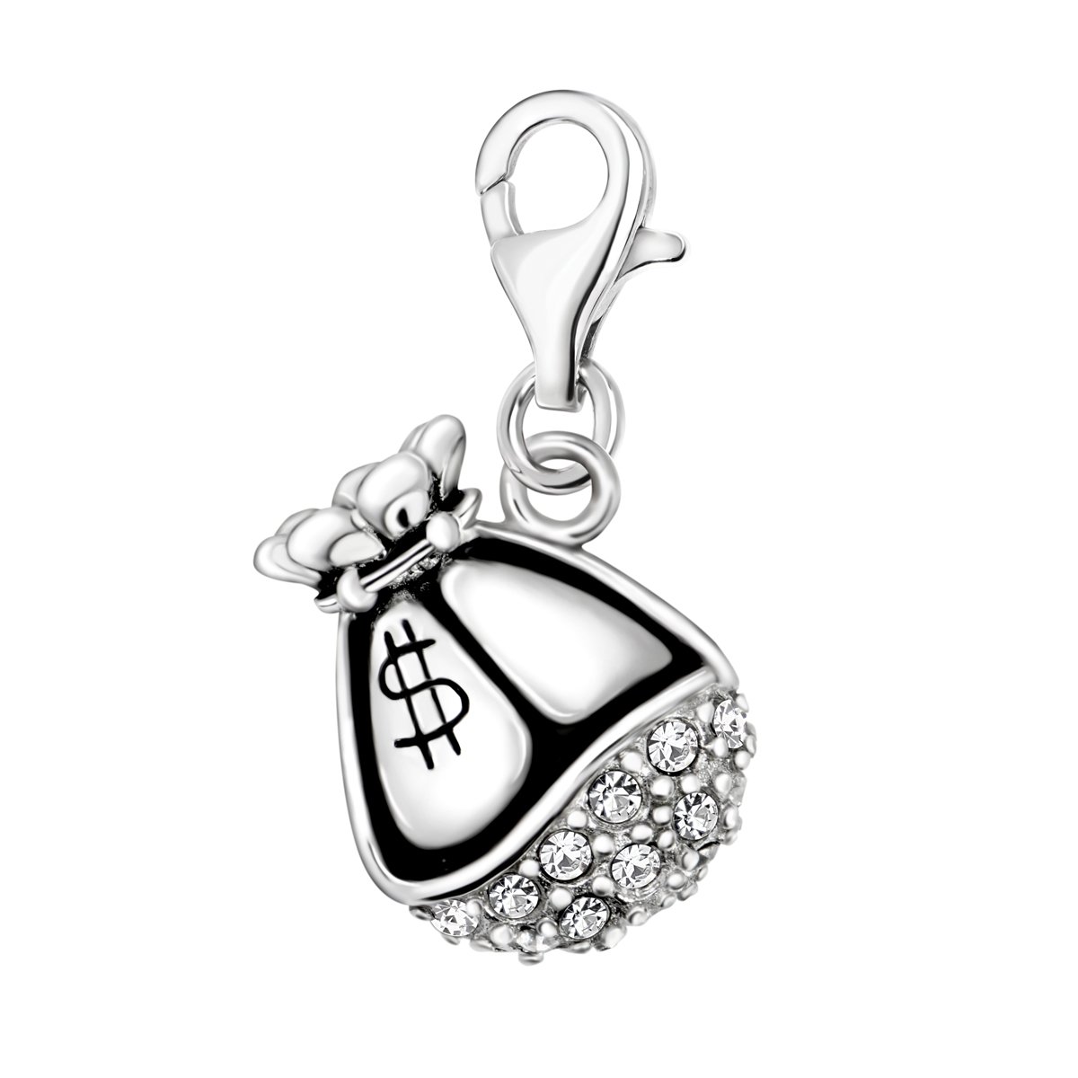 Quiges 925 Sterling Silver White Cubic Zirconia 3D Dollar Money Bag Lobster Clasp Charm Clip on Pendant