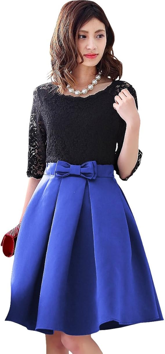 Amazon みつば 綺麗なレースの膝丈五分袖ドレス レディース パーティードレス ワンピース ５分袖 ７分袖 袖付 レース ドッキング 結婚式 パーティドレス リボン 大きいサイズ 2xl ネイビー パーティードレス 通販
