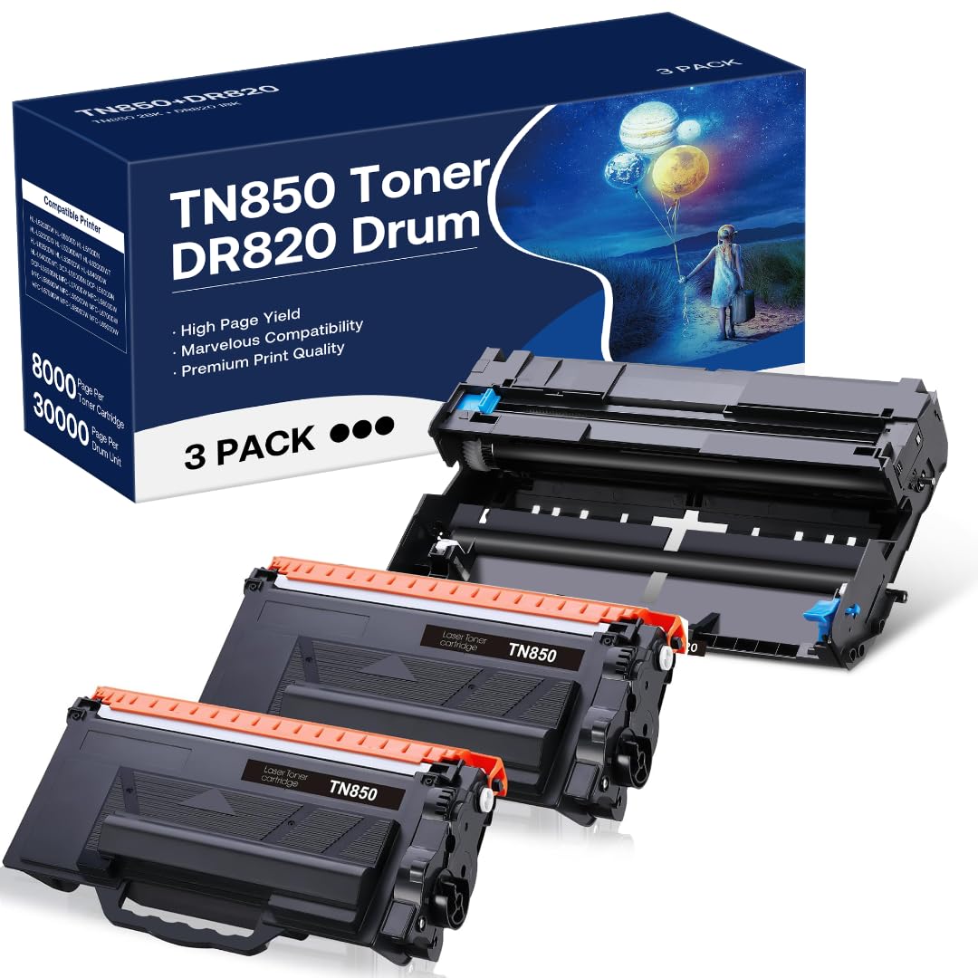 Photo 1 of TN850 Toner Cartridge & DR820 Drum Unit Compatible for Brother TN850 TN-850 DR820 DR-820 Replacement for Brother DCP-L5500DN DCP-L5650DN HL-L6200DWT HL-L6400DW MFC-L5700DW MFC-L5800DW Printer (3pack)
