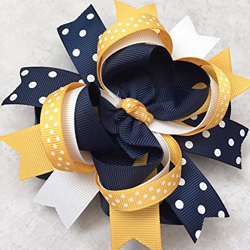 Navy Yellow Gold White Hair Bow, Handmade Navy Yellow White School Uniform Hair Bow, Private School Uniform Hair Clip - Thumbnail 6