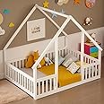 PVWIIK Full Size Montessori Floor Bed with Fence & Guardrails for Kids Girls Boys,House Floor Bed & Solid Wood Bed Frame,Easy Assembly & No Box Spring Needed, White,80.2" L x 57" W x 65.8" H