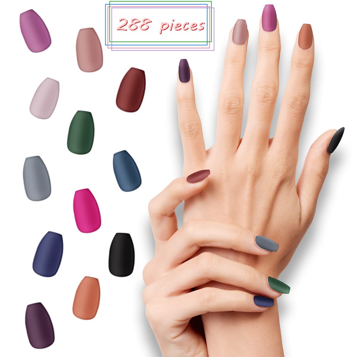 editTime 12 sets/288pcs Solid Colors Matte Acrylic Ballerina Coffin False Nails Full Cover Fake Nails Tips Natural Medium False Nail with a Crystal Nail File (Matte Ballerina) - Image 7