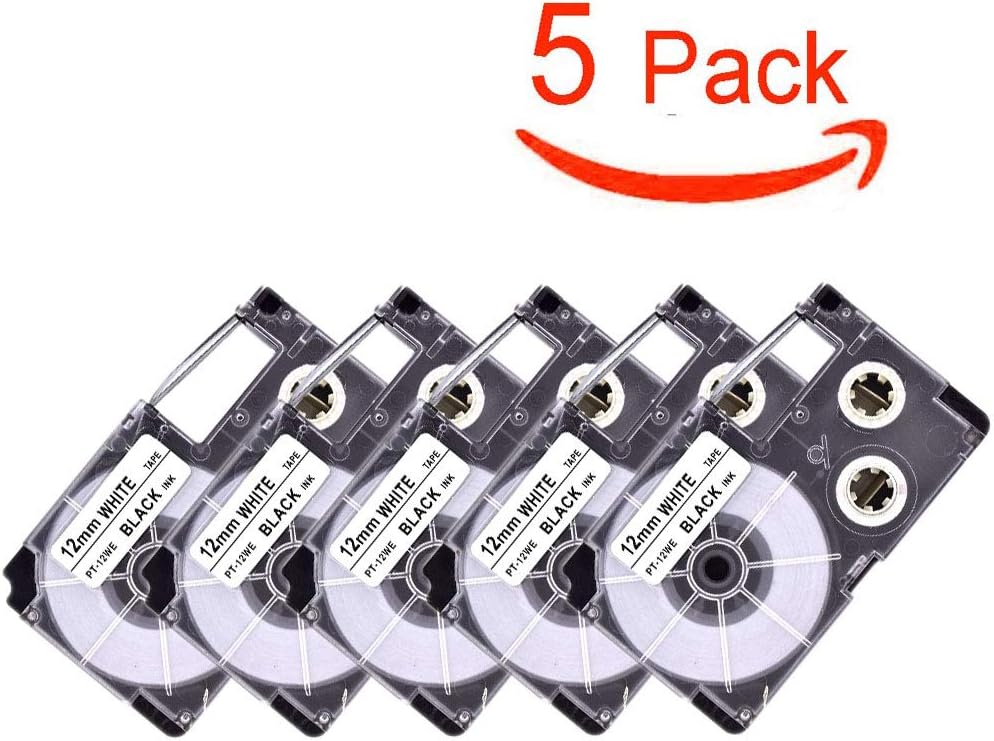 Compatible Label Tape Replacement for Casio XR-12WE XR-12WE2S Tapes 12mm x 8m (1/2 Inch x 26 Feet) Black on White Label Tapes Cassettes for Casio KL-60 KL-120 KL100 KL750 KL780 KL Label Makers, 5-Pack