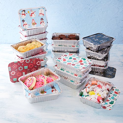 Christmas Treat Foil Containers, Set of 24 (24) - 4 Holiday Designs, Snowman Festive Cover Print, Aluminum Food Containers For Gifts Of Homemade Treats, Secure Closing To Keep Fresh