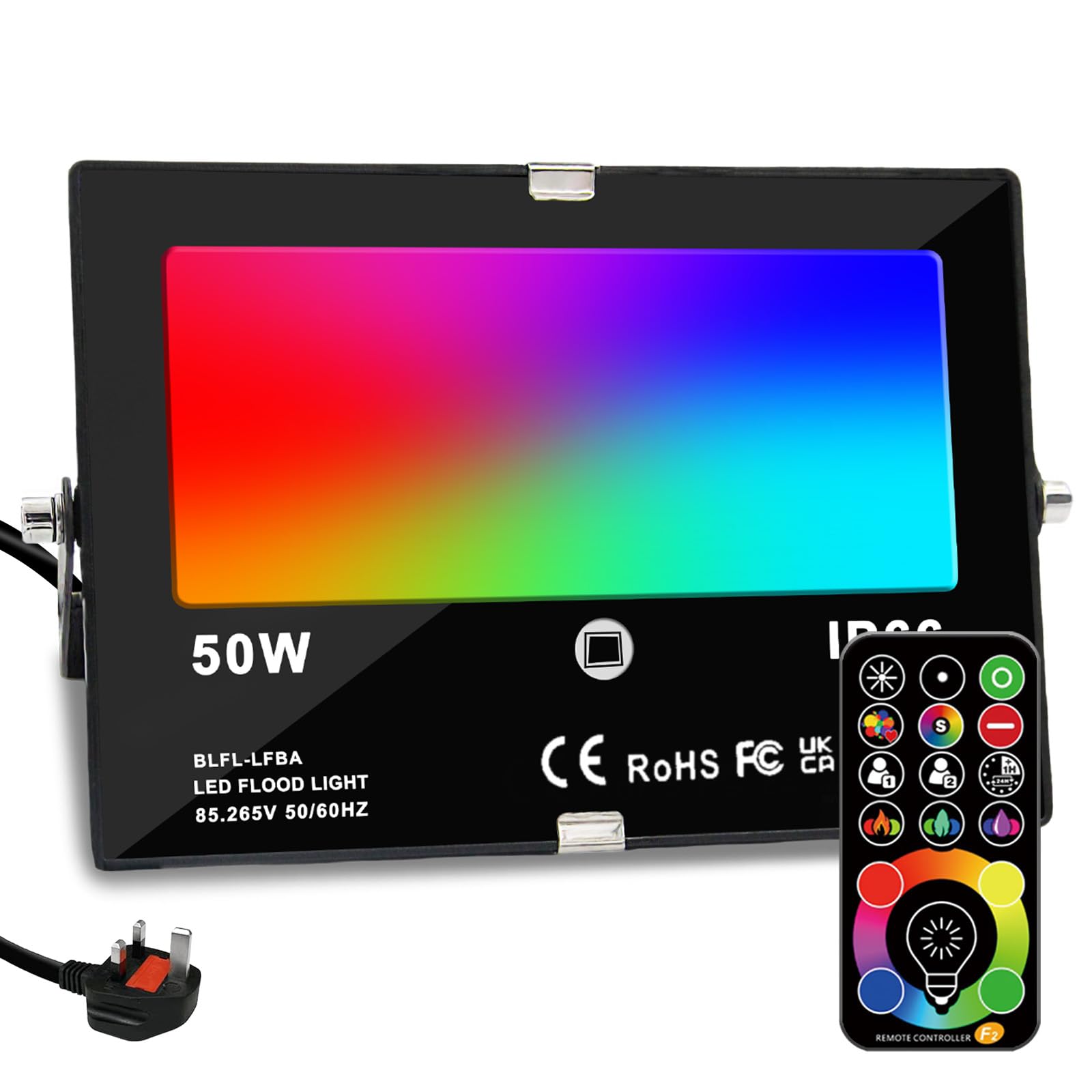 HEKEE LED Floodlight, 50W RGB Colour Changing,DIY Strobe Mode, 120 Colors, Timing, Outdoor Floodlights 5500 Lumens, RGB 2700K Warm White, IP66 Waterproof