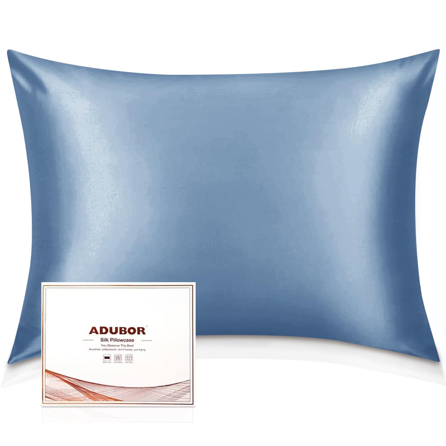 Adubor 100% Silk Pillowcase for Hair and Skin with Hidden Zipper, Both Side 22 Momme Silk,900 Thread Count (20x26inch, Grey Blue, 1pc) — image 1