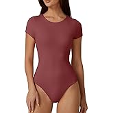 QINSEN Women's Crew Neck Short Sleeve Bodysuit Double Lined Body Suits Basic T-shirt Tops
