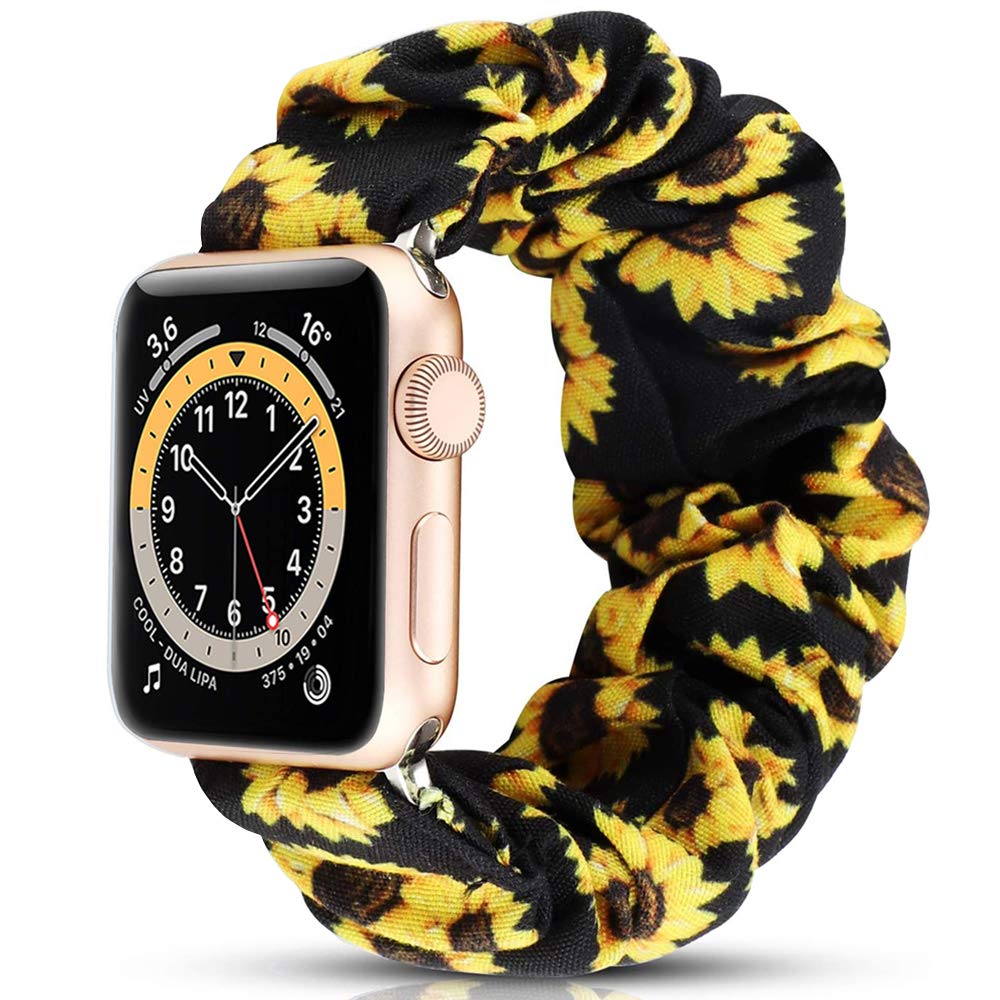 Miimall Compatible with Apple Watch 44mm/42mm Scrunchie Strap, iWatch Elastic Wristband Printed Pattern Comfortable Fabric Bracelet for Apple Watch 5/4/3/2/1-Sunflower Yellow