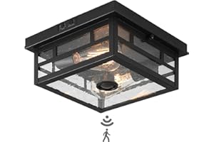 CALOKES Outdoor Flush Mount Motion Sensor Ceiling Light - Timeless Industrial Design with Seeded Clear Glass for Your Porch, Driveway, Covered Patio, Farmhouse, and Entryway