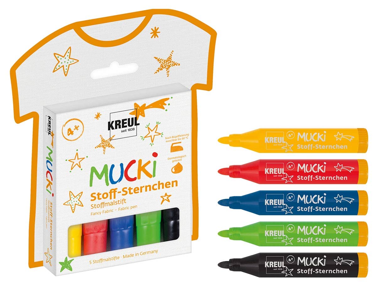 Kreul 27156 - Mucki fabric stars, 5 fabric colouring pens for children in yellow, red, blue, green and black, line width 2-5 mm, for magical artwork on light textiles