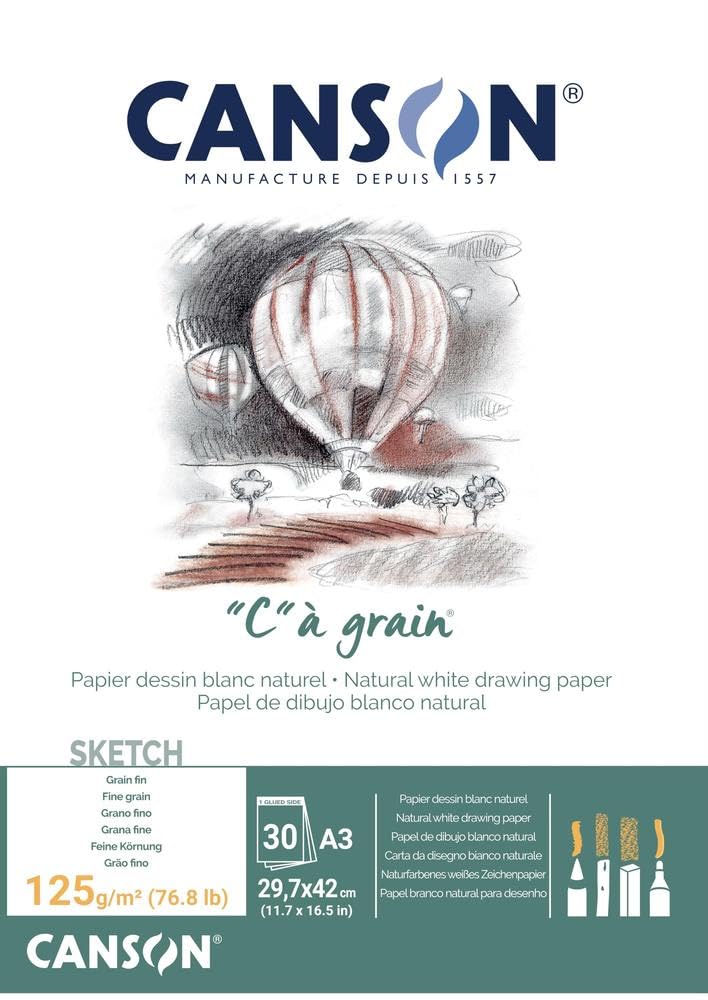 Canson "C à Grain A3 125g White Drawing & Sketching Paper Pad, 30 Sheets, Fine Grain Texture, Glued on Short Side, For Professional Artists
