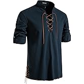 JEMITOP Men's Pure Cotton Retro Lace Up Shirts for Renaissance Pirate Medieval Viking
