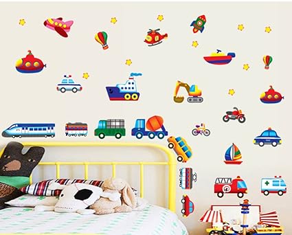 ufengke-ws Cartoon Vehicles Trains Ships and Aircraft Wall Decals, Childrens Room Nursery Removable Wall Stickers Murals