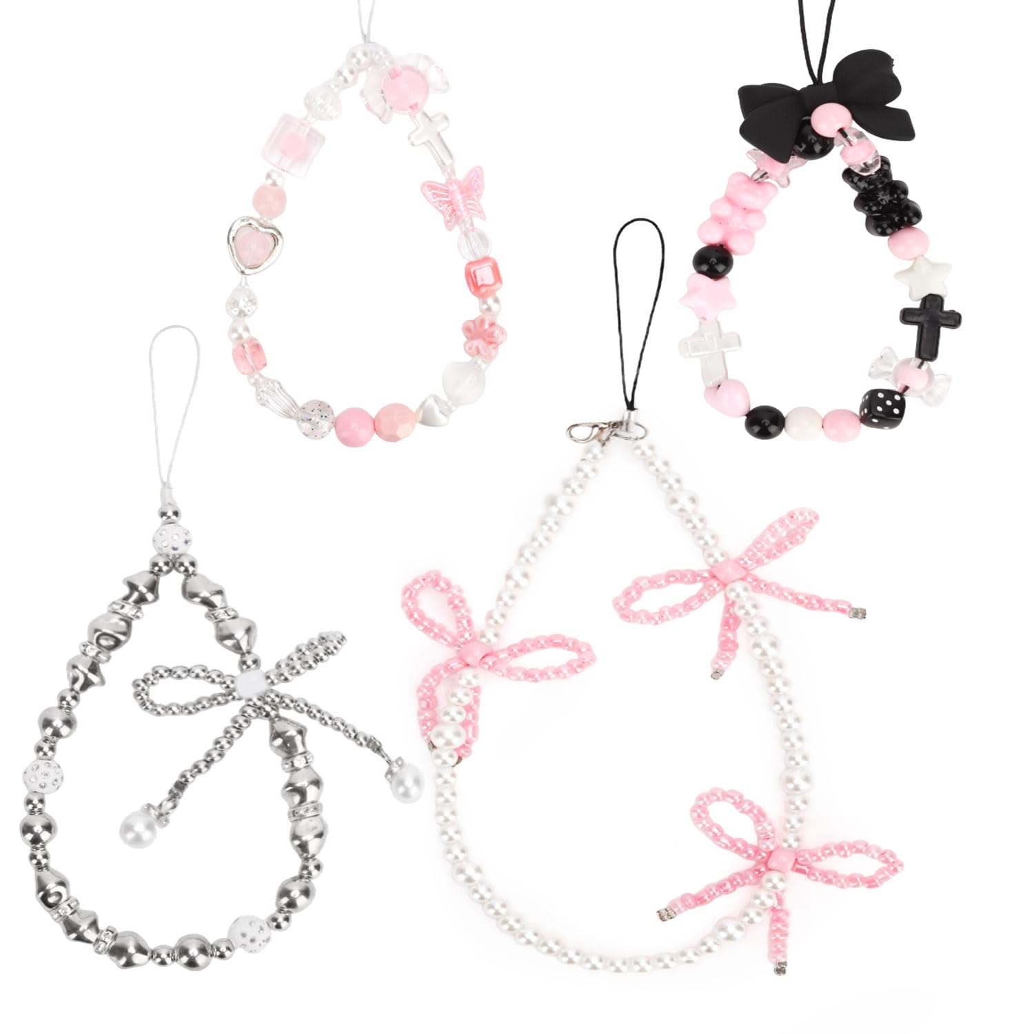 NQEUEPN 4pcs Pearl Charms, 4 Styles Bow Knot Lanyard Silver Pink Beaded Phone Chain Beautiful Flower Wristlet Phone Bracelet Strap for Wallets, Cameras, Car Keys, Handbags