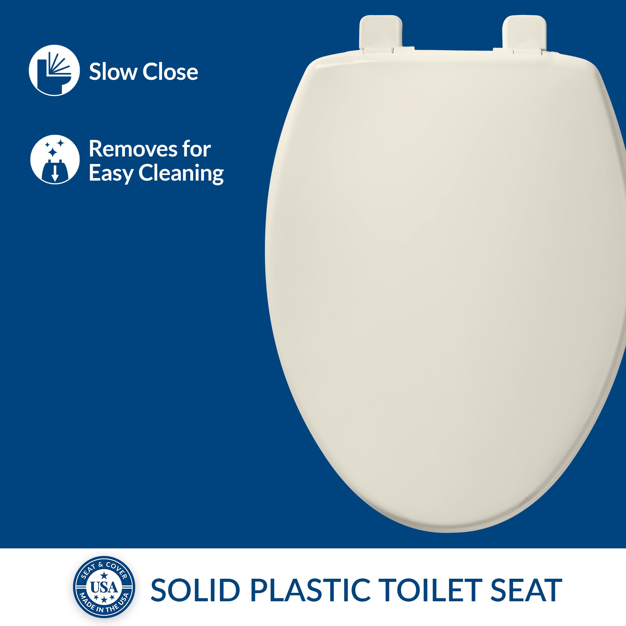 Bemis 7300SLEC Slow Close Toilet Seat, Easy Clean Hinges and Durable Plastic Seat, Made in USA, Elongated, Biscuit