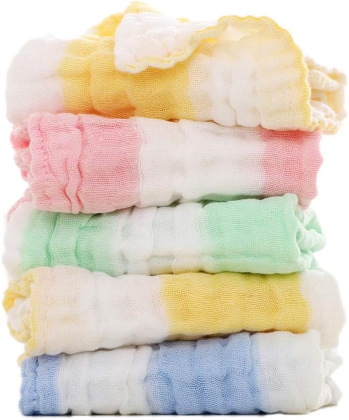Muslin Washcloths for Newborn Baby Boy Girl Infant Toddler Kids Perfect Natural Reusable Wipes for Sensitive Skin Bath, Face Towel, Extra Soft Absorbent 6 Layers 5 Pack 12"x 12" (4Color Stripe)