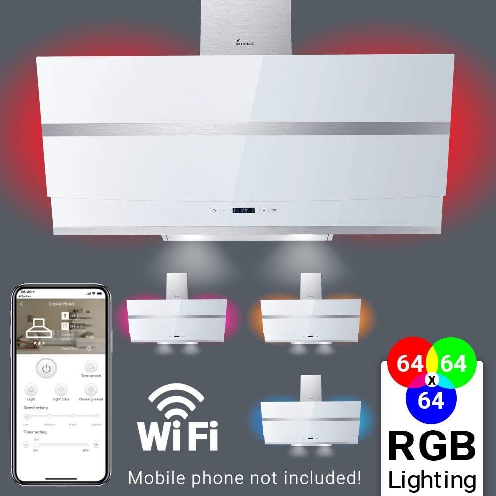 Angled extractor hood, cooker hood (90cm, stainless steel, white glass