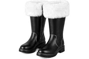 MANNICE Christmas Santa Claus Boots for Men Santa Boots Adult Black Santa Combat Boots with White Plush Cuffs for Halloween Christmas