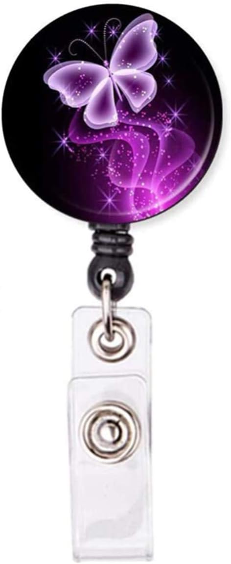 Retractable ID Badge Holder Nurse Badge Reels with Clip Name Card Holders for Office Worker Doctor Nurse Purple Butterfly