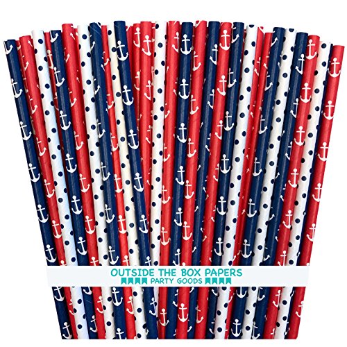 Paper Straws - Polka Dot and Anchor Nautical Themed - Red, White and Blue - 7.75 Inches - 75 Pack